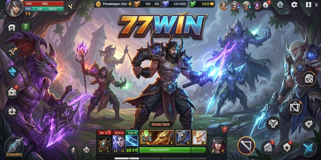 Screenshot gameplay 77WIN menampilkan pertarungan epik dan eksplorasi dungeon.