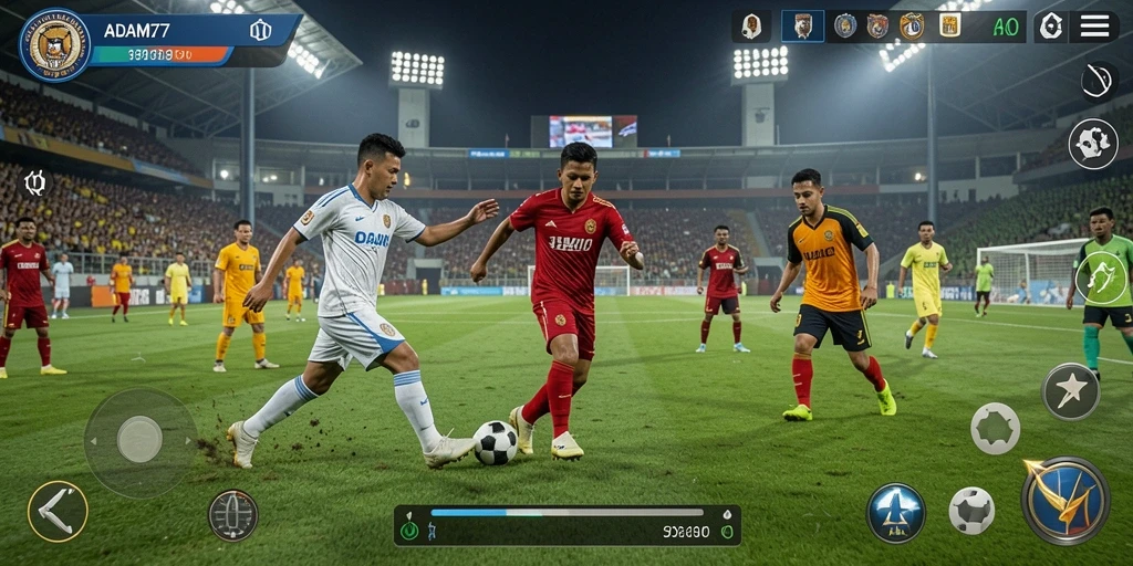 Screenshot utama ADAM77 menampilkan momen menegangkan dalam pertandingan sepak bola.