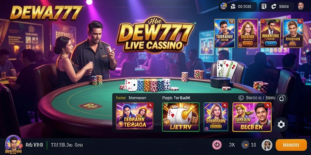 Screenshot gameplay DEWA777 yang menunjukkan dealer langsung dan suasana kasino.