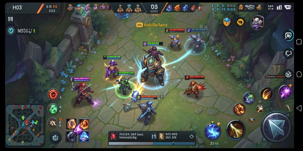 Tampilan screenshot H03 yang menampilkan aksi gameplay MOBA yang dinamis.