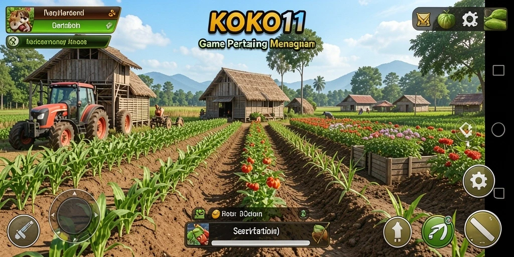 Tampilan screenshot KOKO11 yang menunjukkan pertanian yang indah dan kegiatan bertani.