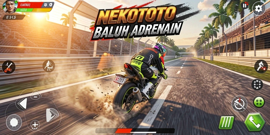 Tampilan gameplay seru dari NEKOTOTO saat balapan motor.