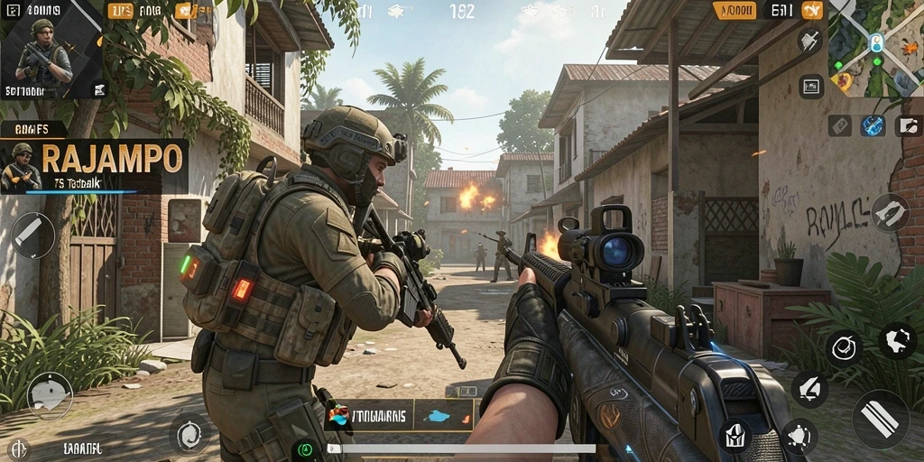 Tampilan gameplay RAJAMPO yang mendebarkan dalam pertempuran FPS.