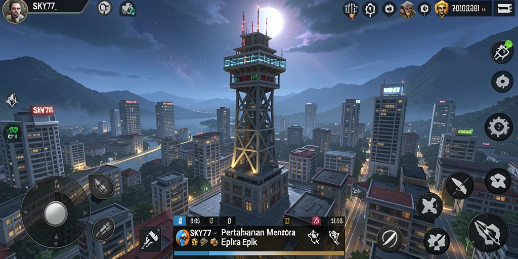 Tampilan gameplay menakjubkan dari SKY77 dalam pertempuran Tower Defense.